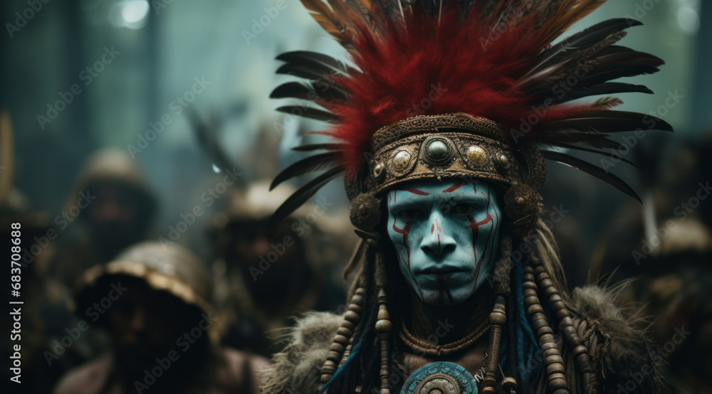 An intense portrait of a tribal leader adorned in ceremonial attire with vivid tribal face paint