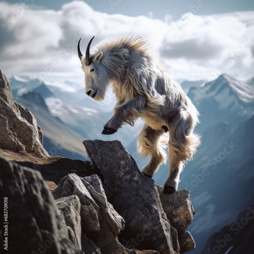 A mountain goat carefully maneuvers a steep cliff in a demanding natural mountain environment