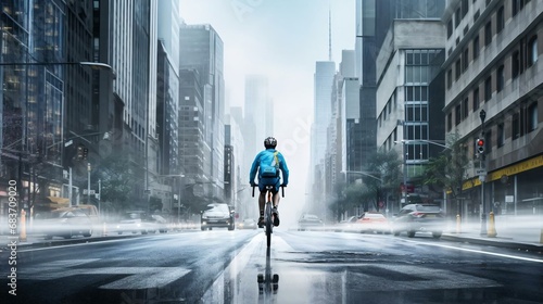 a person riding a bicycle on a city street photo