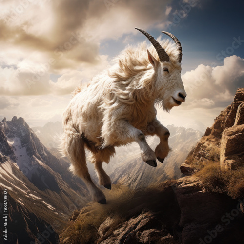 A majestic mountain goat skillfully balances on the edge of a steep cliff against a dramatic sky
