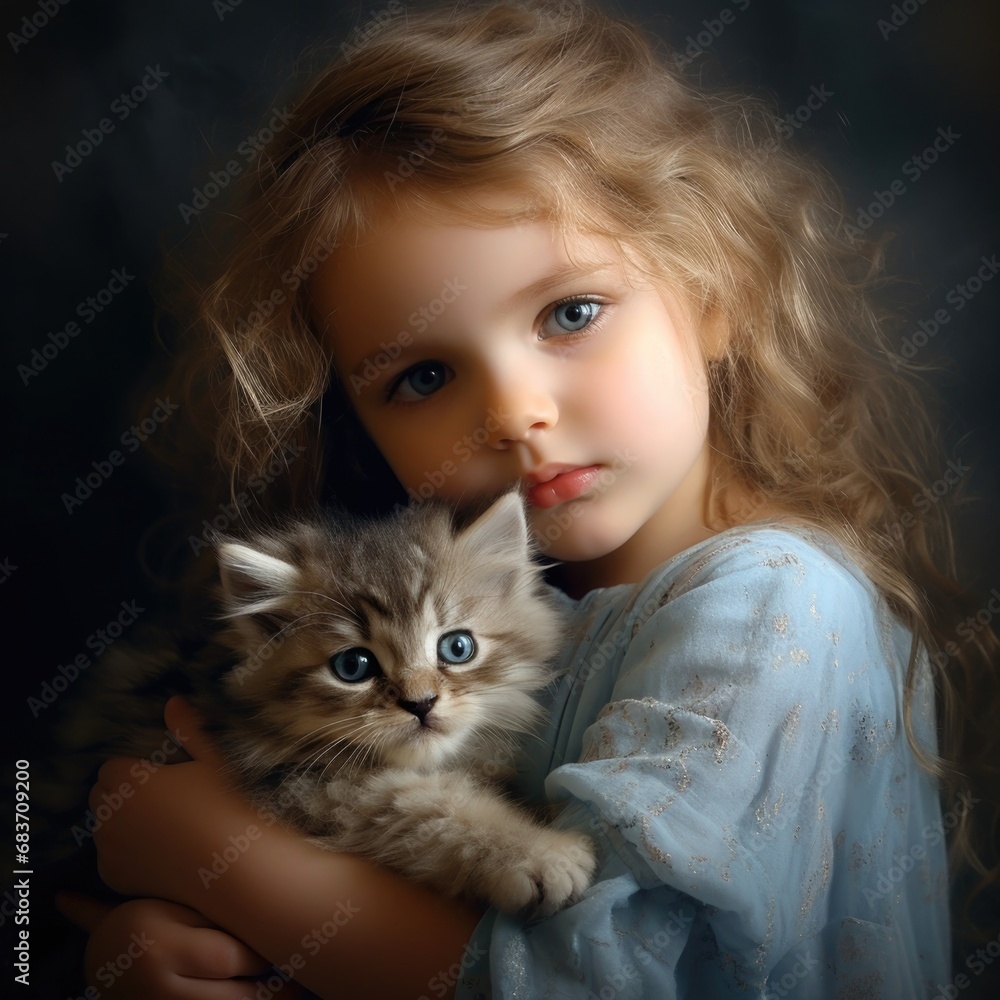 a photo of a cute little girl with little kitty,