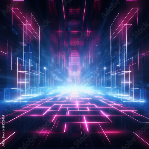 Digital grid with blue and pink neon lights presenting a futuristic matrix-like design in a virtual space