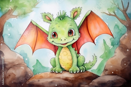 Dragon watercolor background. Cute adorable dragon card