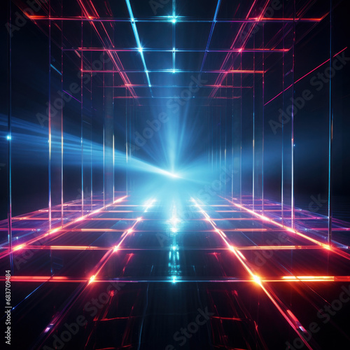A computer-generated image of a digital tunnel with converging neon lights and a dramatic blue light at the end