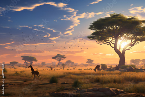 Africa background  giraffe in the savannah  tree in the savannah