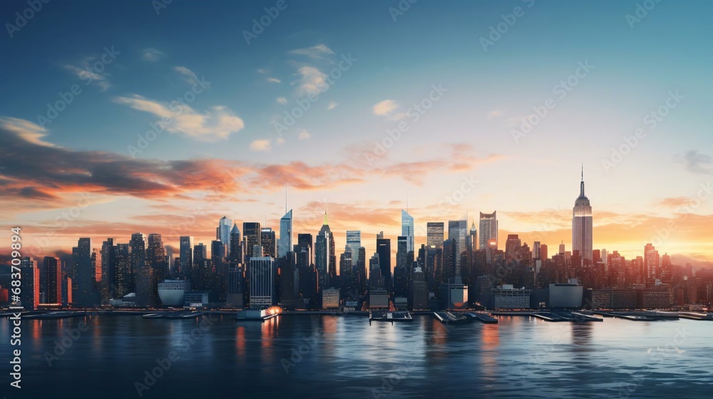 a city skyline at sunset