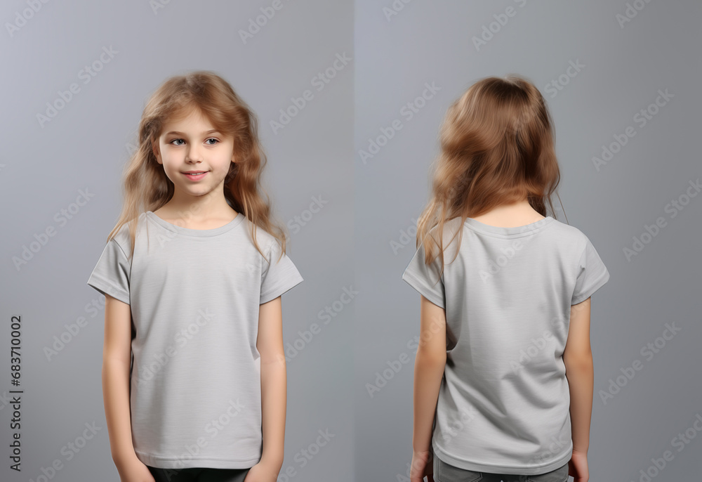 Front and back views of a little girl wearing a grey T-shirt Front and back views of a little girl wearing a grey T-shirt