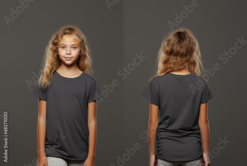Front and back views of a little girl wearing a grey T-shirt