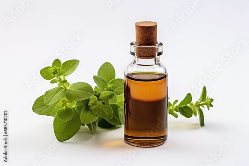 A bottle of essential oil next to a sprig of marjoram. Dark glass bottle on white background.