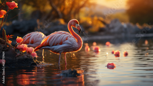 Flamingos Enjoying The Lake on Selective Focus Background