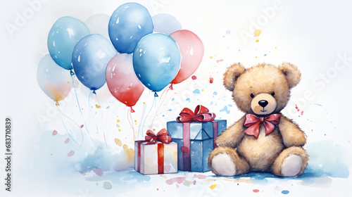 A teddy bear holding a bunch of balloons and a teddy