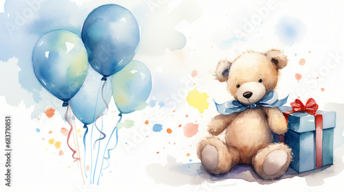 A teddy bear holding a bunch of balloons and a teddy