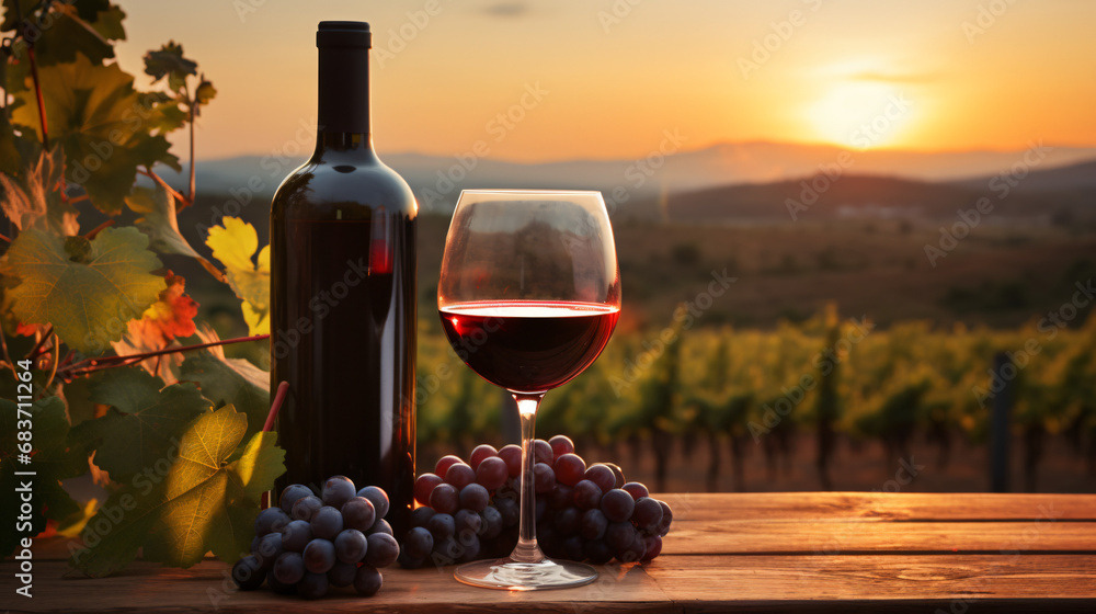 Bottle and glass of red wine with grapes