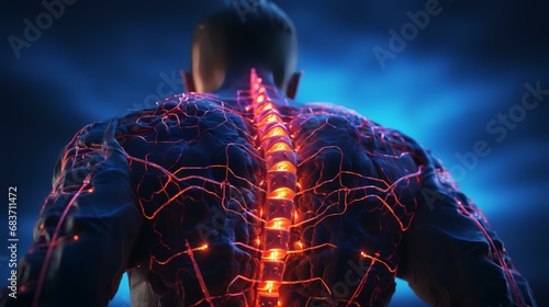 Conceptual image of human body with highlighted spine on blue background #683711472