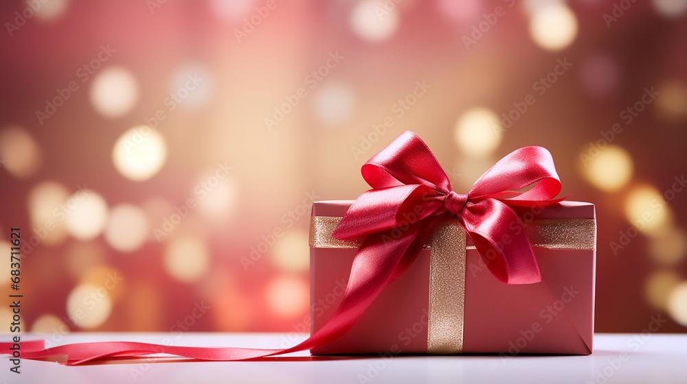 Caja de regalo con lazos rojos sobre una mesa en horizontal con fondo luminoso de fiesta de navidad Caja de regalo con lazos rojos sobre una mesa en horizontal con fondo luminoso de fiesta de navidad