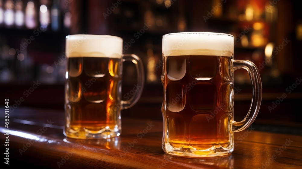Two mugs of beer with foam frothy heads on wooden table in an English pub background, exuding a warm and inviting atmosphere.