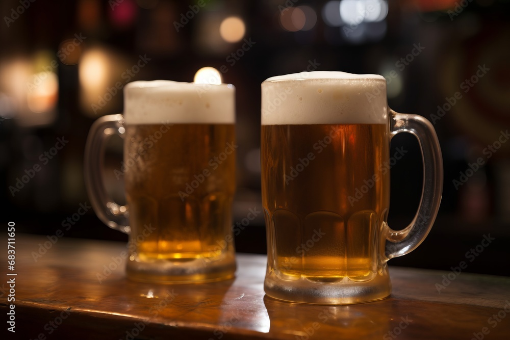 Two mugs of beer with foam frothy heads on wooden table in an English pub background, exuding a warm and inviting atmosphere.