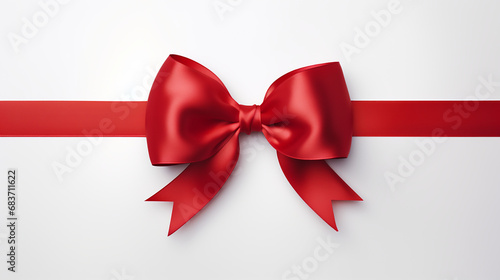 Cinta roja con lazo en el centro cruzando la pantalla  horizontal con fondo blanco para regalo, celebraciones o web photo