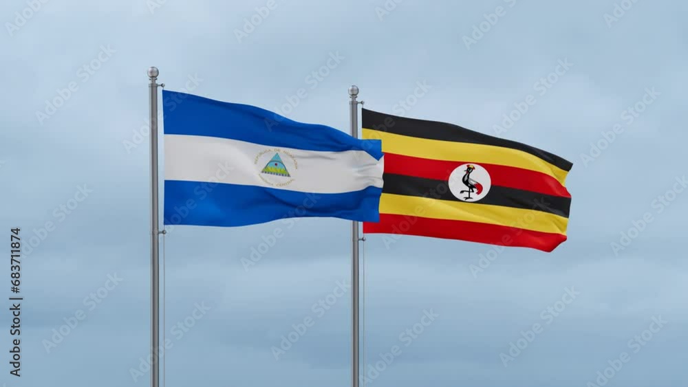 Republic of Uganda and Nicaragua flag waving together on cloudy sky, endless seamless loop, two country cooperation concept Republic of Uganda and Nicaragua flag waving together on cloudy sky, endless seamless loop, two country cooperation concept