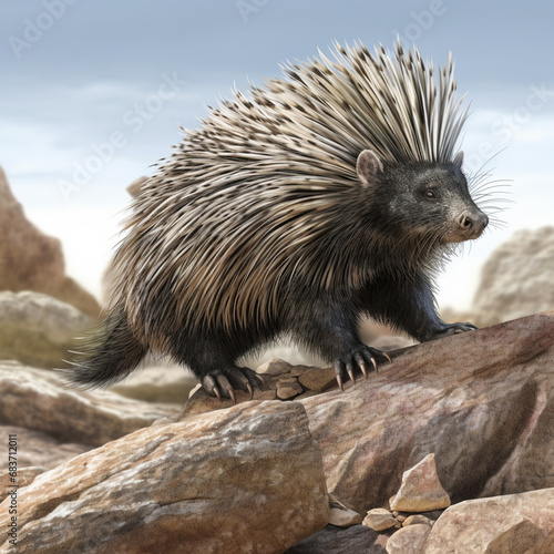 Crested porcupine walking over rocks. generative ai