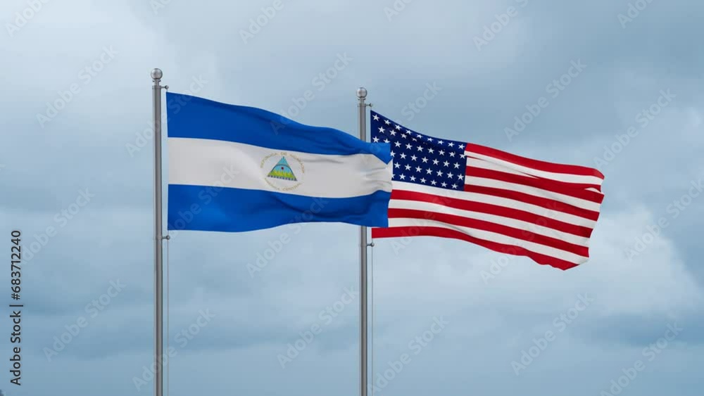 USA and Nicaragua flag waving together on cloudy sky, endless seamless loop, two country cooperation concept USA and Nicaragua flag waving together on cloudy sky, endless seamless loop, two country cooperation concept
