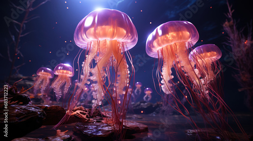 Colorful Glowing Tropical Jellyfish Group Swimming in The Sea Blurry Background © Image Lounge