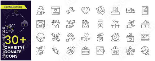 Charity-donate NGO editable stroke icons. Such as Donate, charity, solidarity, trust, social care, NGO, community, helping hands, partnership, and help Vector icons collection Editable Stroke