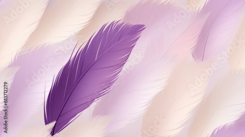 A close up of a purple feather on a white background. Purple  ombre and white abstract background.