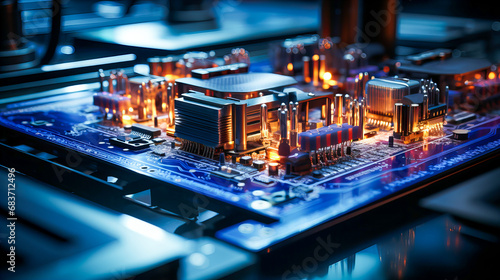 Electronic circuit board close-up with microchips and electronic components in a modern factory. Selective focus. 3d rendering toned image. Generative AI technology photo