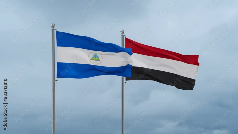 Yemen and Nicaragua flag waving together on cloudy sky, endless seamless loop, two country cooperation concept Yemen and Nicaragua flag waving together on cloudy sky, endless seamless loop, two country cooperation concept