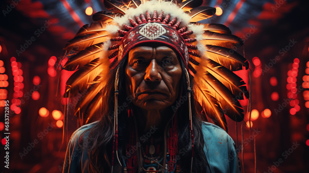Stern native american chief in traditional feather headdress with moody backlighting. Generative AI