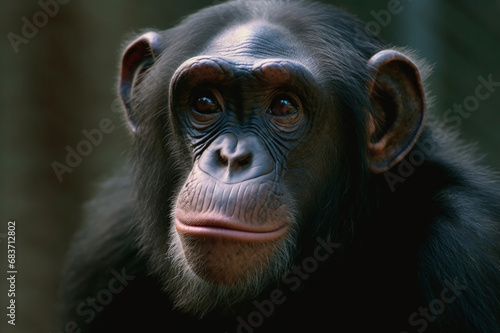 A chimpanzee portrait embodies expressiveness and closeness to humans. His intelligent look and expressive eyes convey emotion and wisdom. © Olga