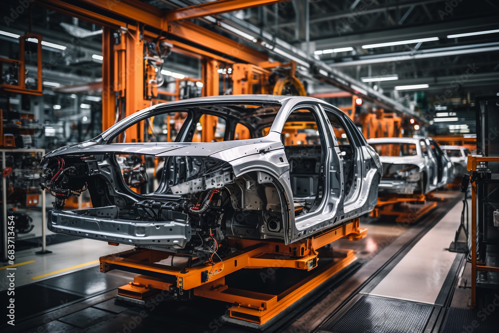Automotive assembly line of automobile factory. Industrial background Automotive assembly line of automobile factory. Industrial background