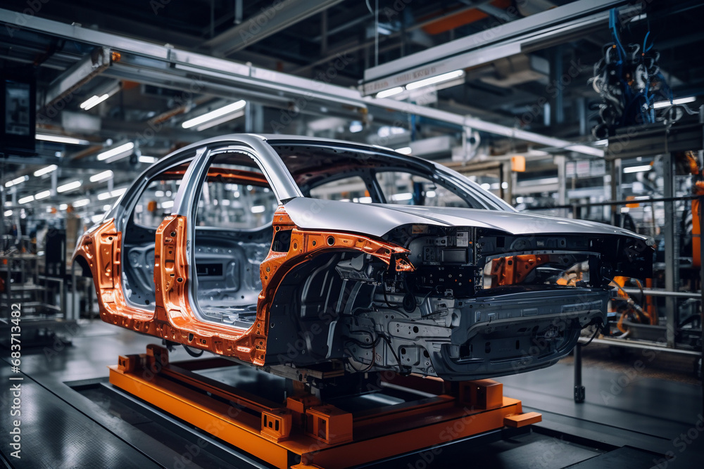Automotive assembly line of automobile factory. Industrial background Automotive assembly line of automobile factory. Industrial background
