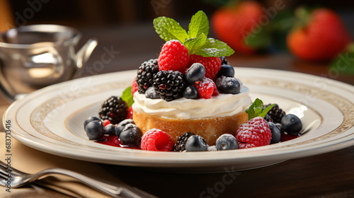 A white plate topped with desserts and berries on table