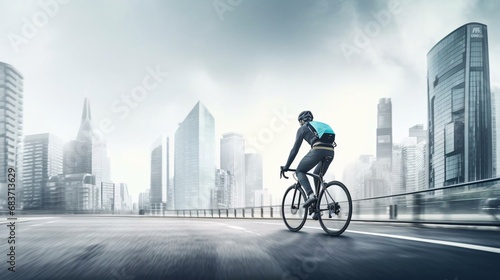 a man riding a bicycle on a road with a city skyline in the background © KWY