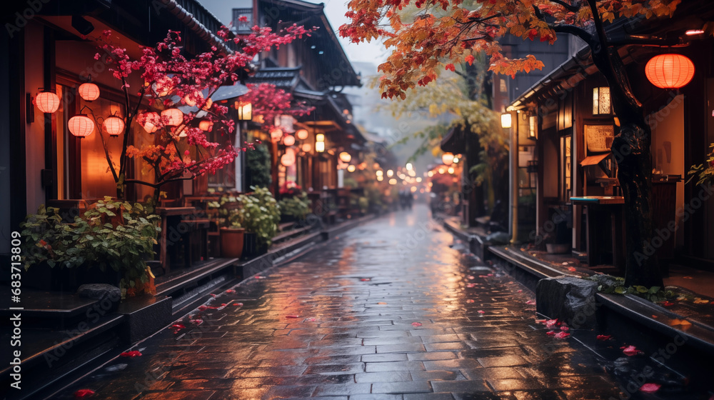 Twilight Serenity in a Traditional Japanese Street Adorned with Cherry Blossoms and Lanterns. Generative AI