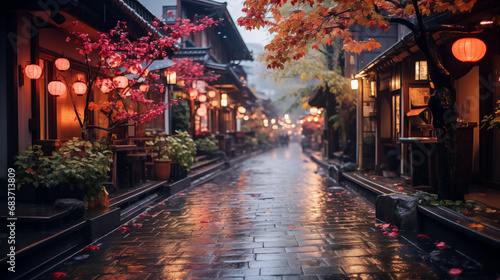 Twilight Serenity in a Traditional Japanese Street Adorned with Cherry Blossoms and Lanterns. Generative AI