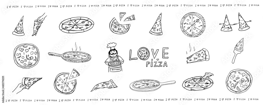 Big set of pizza, Italian cuisine, slice of pizza and satisfied cook. Pizza time. Pizza lover. Doodle style. Hand drawn. Great for menu design, banners, sites, packaging. Vector illustration EPS10