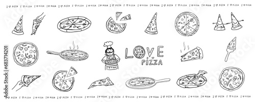 Big set of pizza, Italian cuisine, slice of pizza and satisfied cook. Pizza time. Pizza lover. Doodle style. Hand drawn. Great for menu design, banners, sites, packaging. Vector illustration EPS10