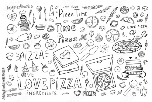 Big set of pizza, Italian cuisine, pizza ingredients, pizza box and lettering. Doodle style. Hand drawn. Great for menu design, banners, sites, packaging. Vector illustration EPS10