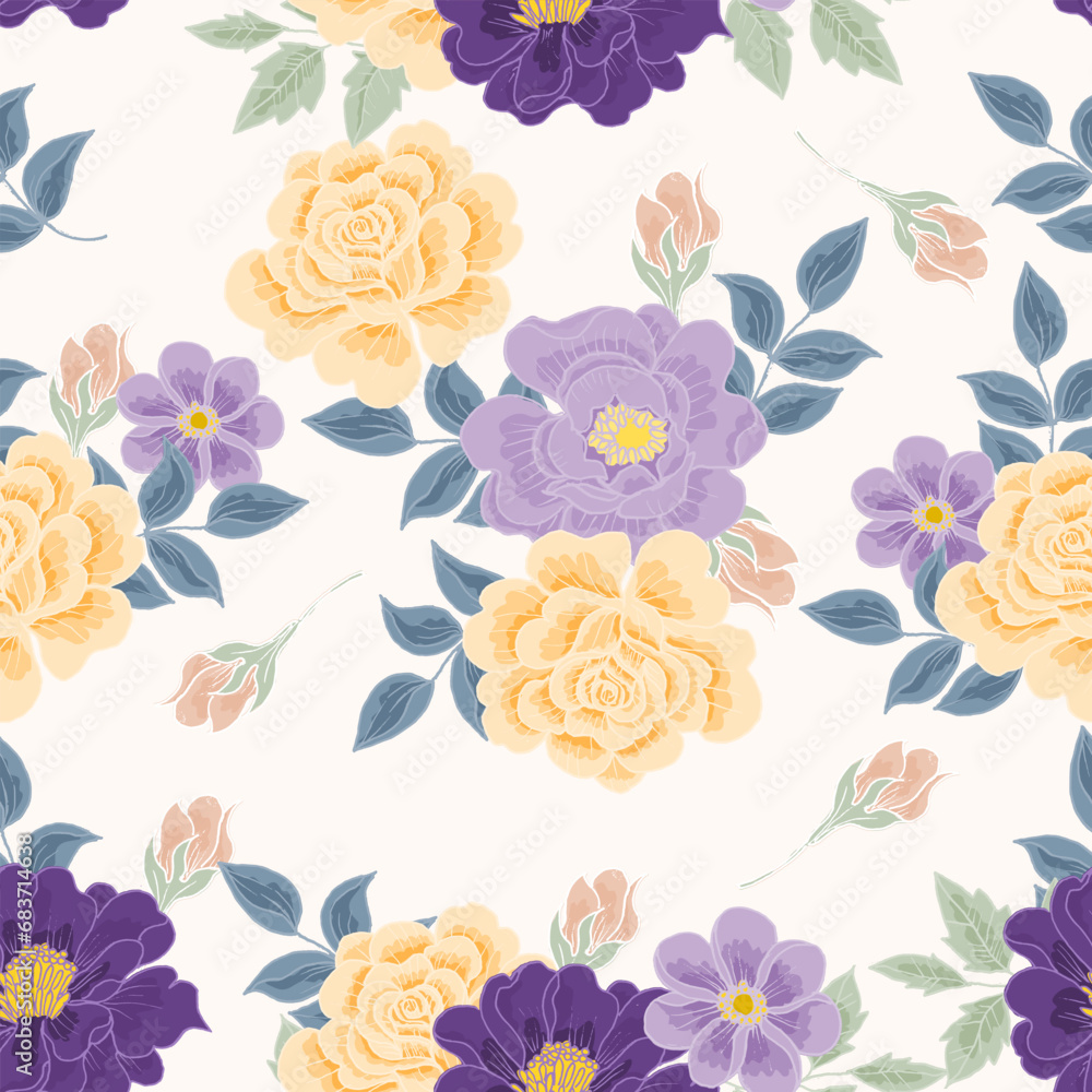 Hand Drawn Purple and Yellow Rose Flower Seamless Pattern