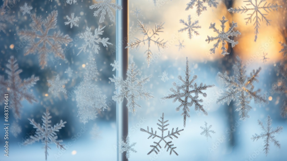 Frosty snowflakes cling to a window with a golden sunrise in the background, creating a serene and wintry morning atmosphere.