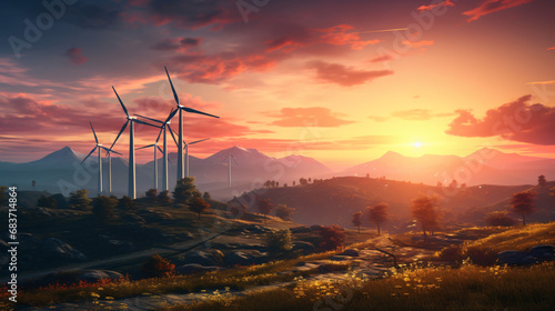 A wind farm at sunset with a few windmills