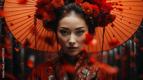  Beautiful Japan geisha in a traditional kimono. Generative AI
