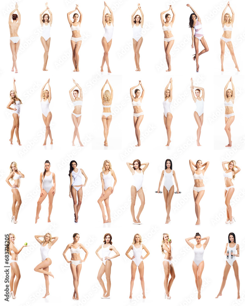 Young, fit, happy and beautiful blond woman in white swimsuit isolated on white background - set collection. Healthcare, diet, sport and fitness. Young, fit, happy and beautiful blond woman in white swimsuit isolated on white background - set collection. Healthcare, diet, sport and fitness.