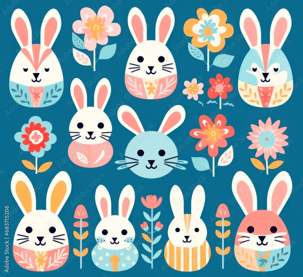 Set of cute colorful different easter bunnies on blue background with flowers and ornaments . easter card banner wallpaper Set of cute colorful different easter bunnies on blue background with flowers and ornaments . easter card banner wallpaper