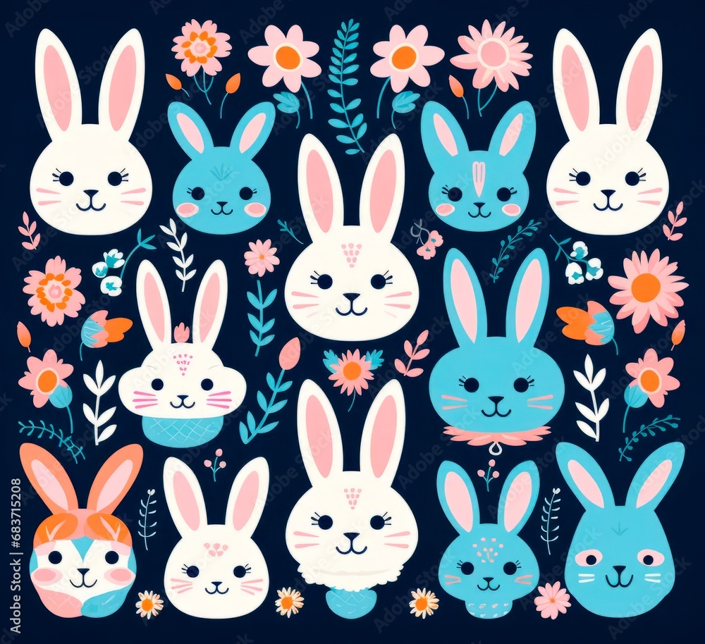 Set of cute colorful different easter bunnies on blue background with flowers and ornaments . easter card banner wallpaper Set of cute colorful different easter bunnies on blue background with flowers and ornaments . easter card banner wallpaper