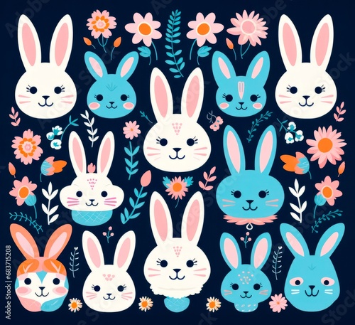Set of cute colorful different easter bunnies on blue background with flowers and ornaments . easter card banner wallpaper