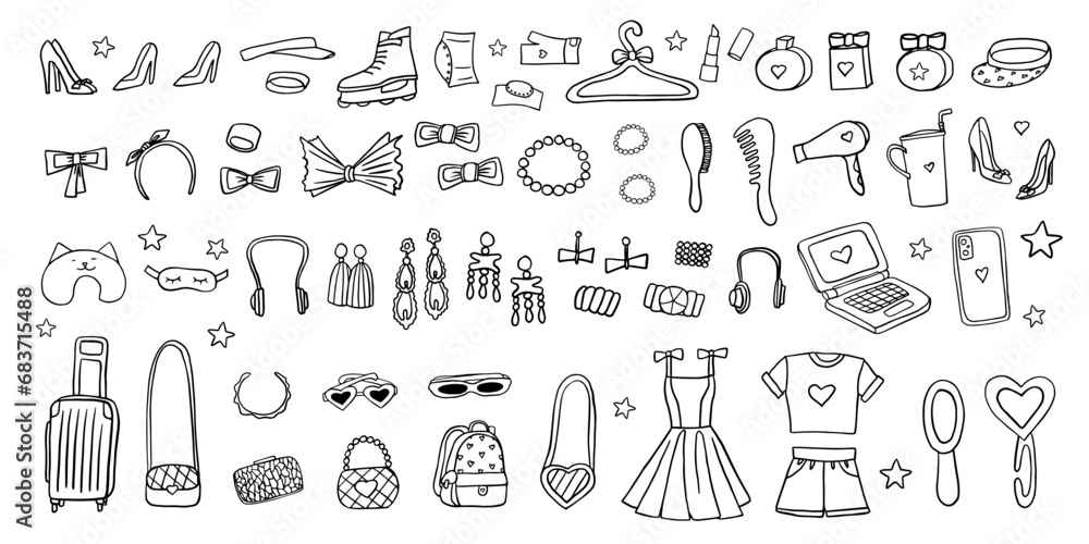 Barbiecore set. Doodles. Hand drawn. Trendy set cute doll aesthetic accessories, fashion clothing. Barbie suitcase, headphones, perfume, sunglasses, handbag, mirror. Glamorous stickers Barbiecore set. Doodles. Hand drawn. Trendy set cute doll aesthetic accessories, fashion clothing. Barbie suitcase, headphones, perfume, sunglasses, handbag, mirror. Glamorous stickers